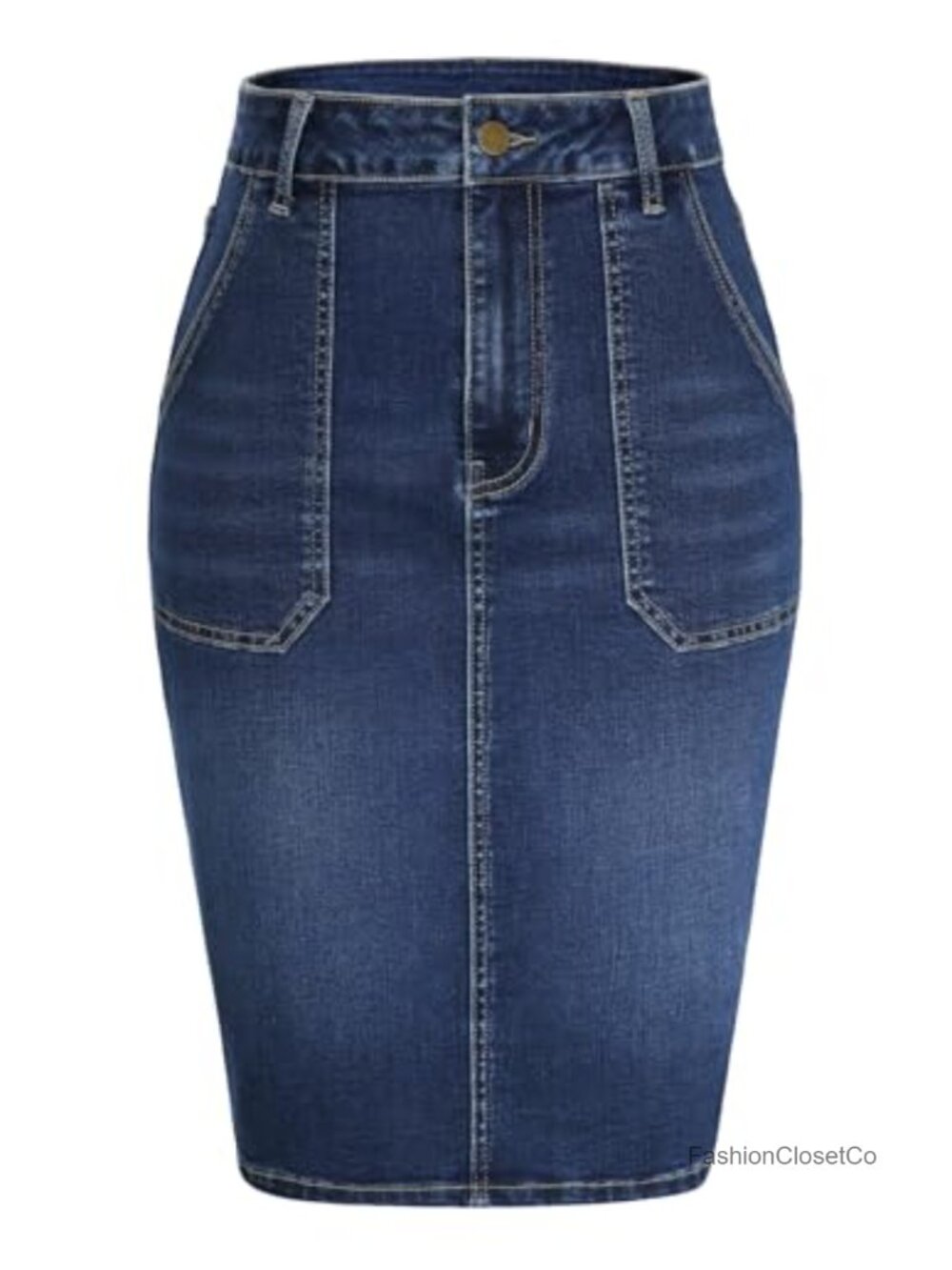 Stretchy High Waisted Below Knee Denim Skirt with Pockets